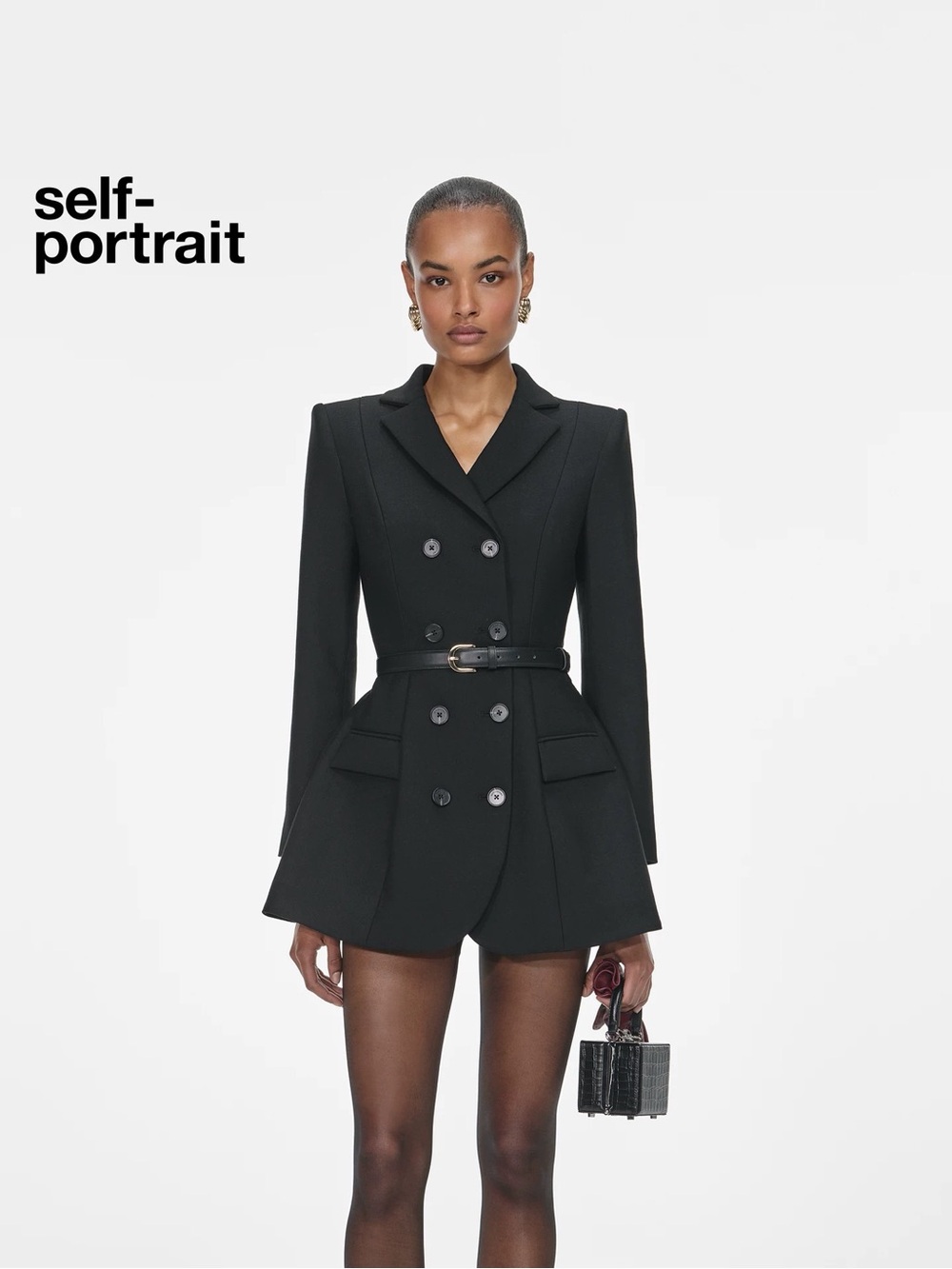 NWOT Self-Portrait Black Wool Crepe Mini Dress, Size US 2/4/6/8